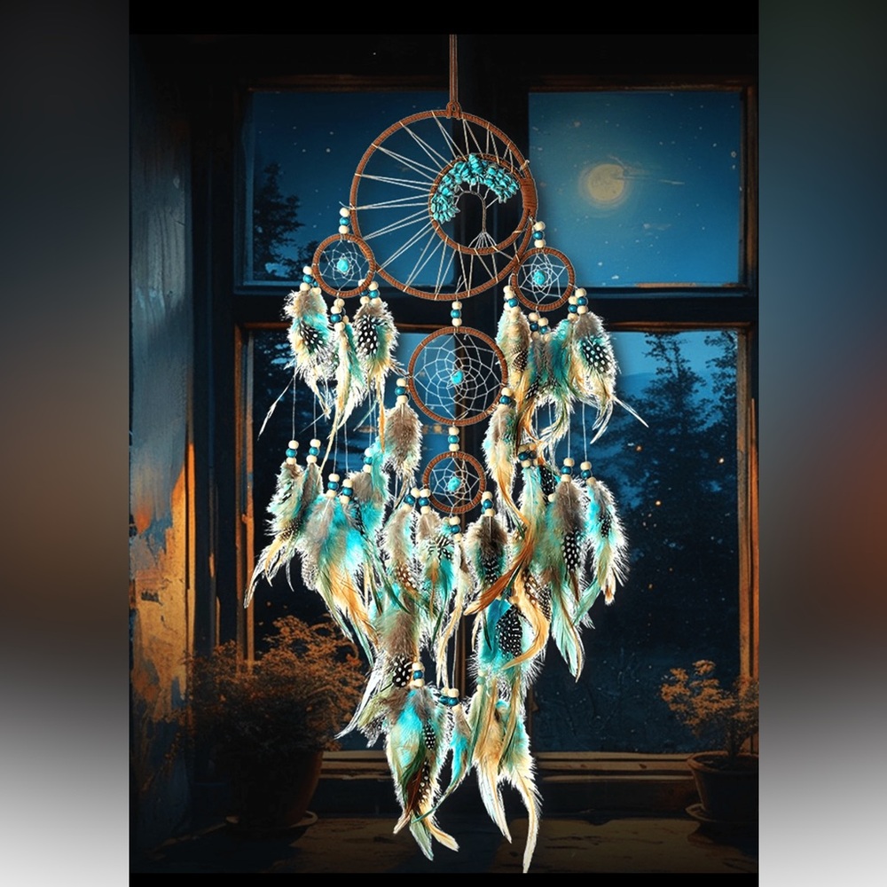 Large Boho Dreamcatcher Wall Hanging - Turquoise & Feather Decor - Picture 9 of 9